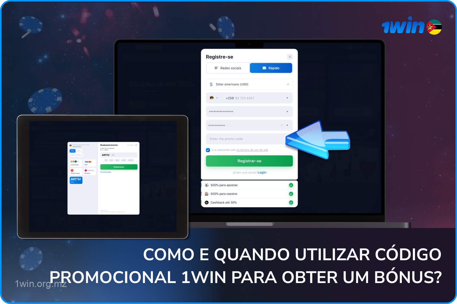 Para receber um bônus usando um código promocional você precisa seguir alguns passos simples