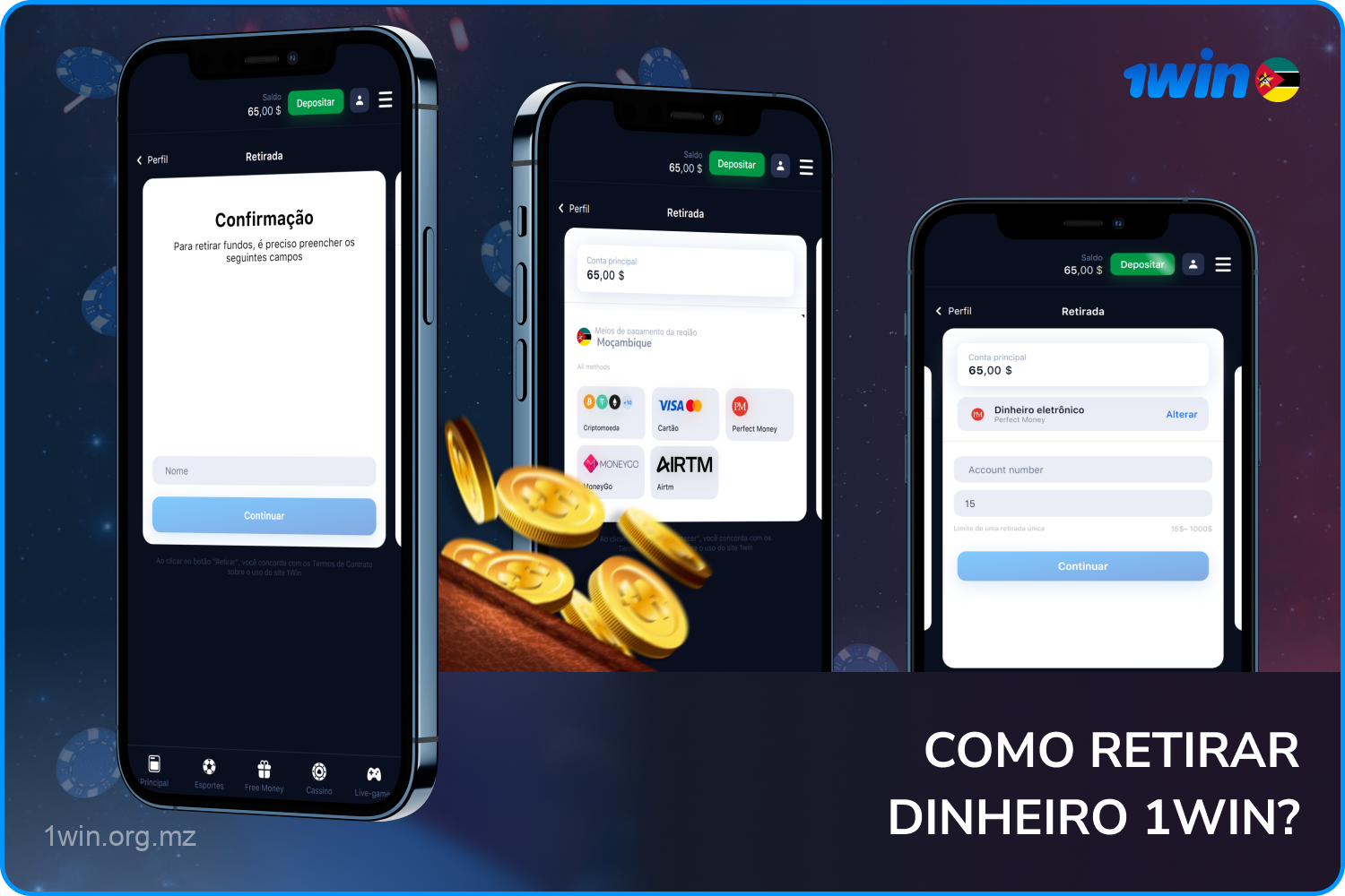 Para sacar fundos da 1win, os usuários em Moçambique precisam escolher um sistema de pagamento que seja conveniente para eles e seguir alguns passos simples