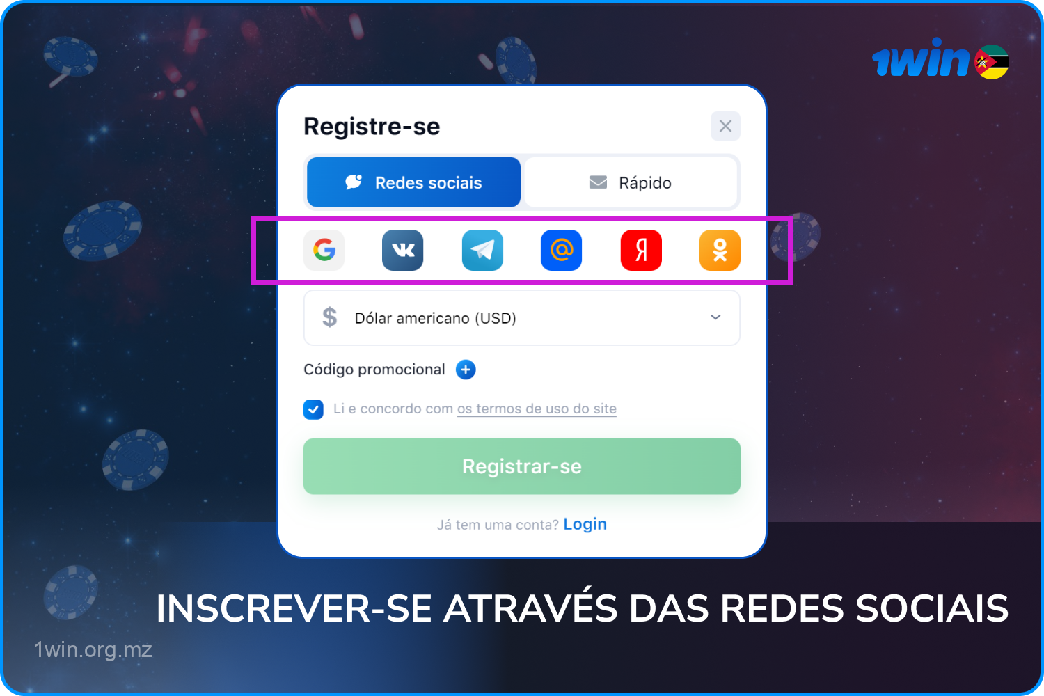 Os utilizadores podem registar-se no casino 1win Moçambique através das suas redes sociais