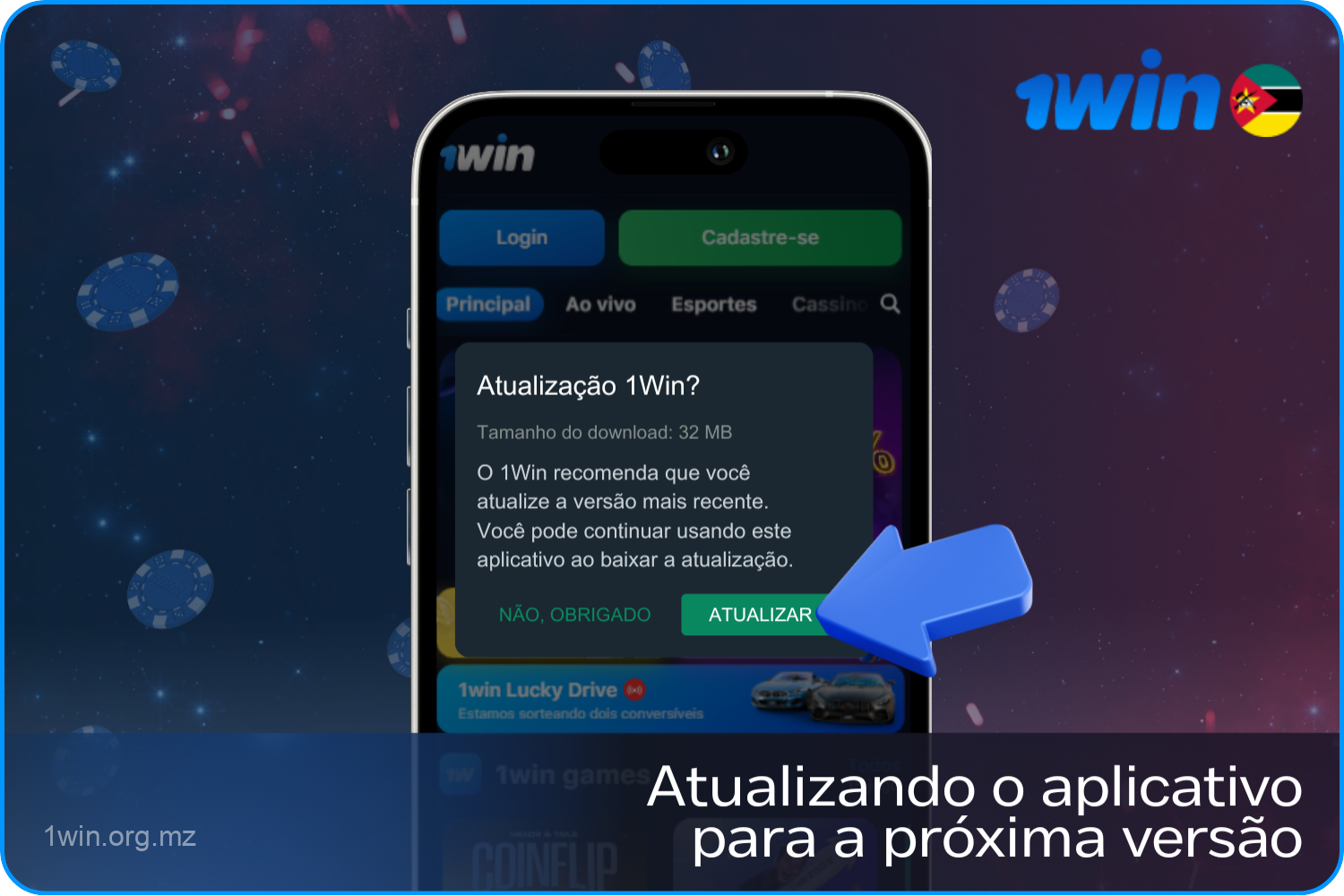 Os usuários do Moçambick podem atualizar o App 1Win clicando no botão Atualizar nas configurações do dispositivo