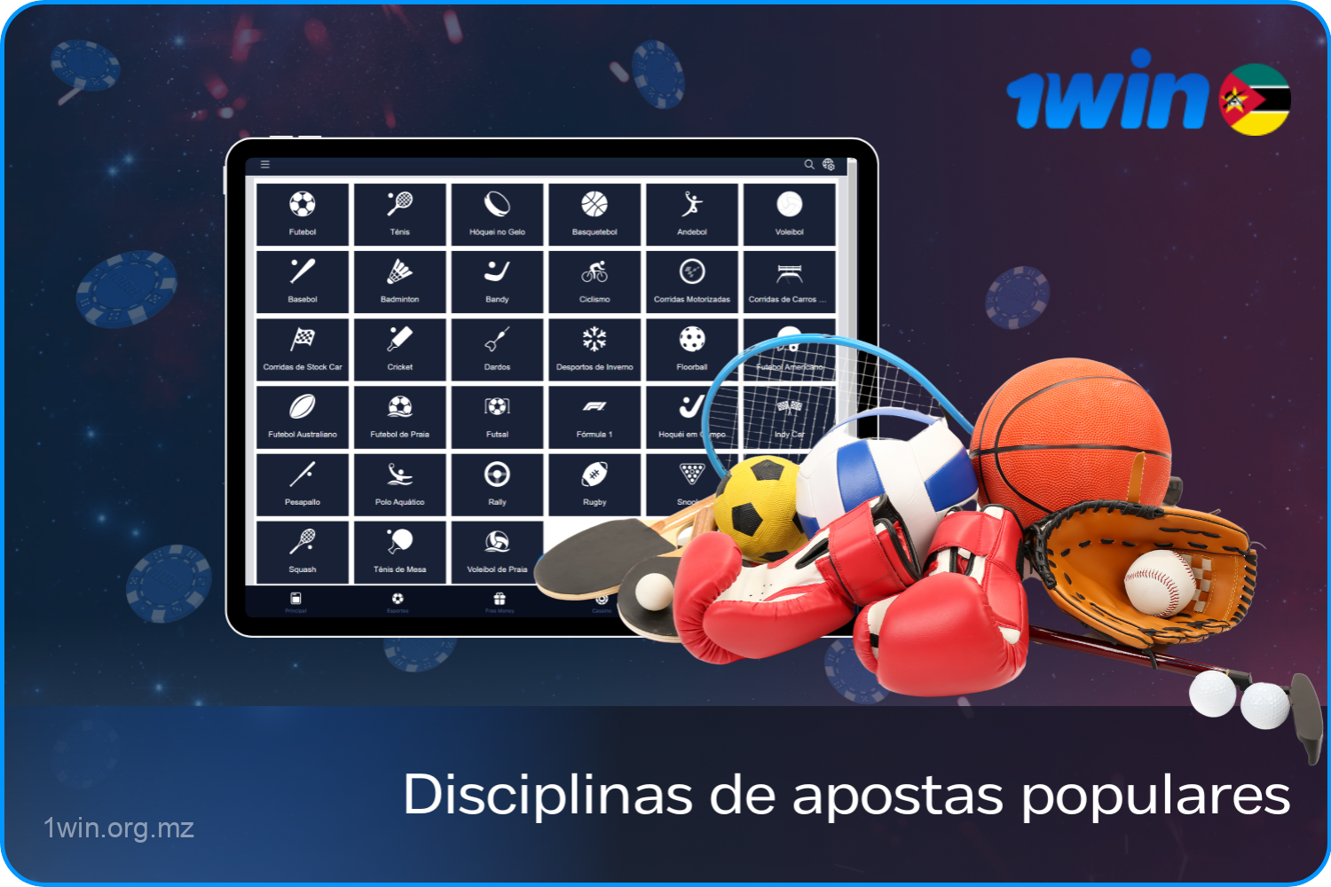 Os desportos populares para os utilizadores de Moçambique na 1win incluem futebol, boxe, ténis, basquetebol, corridas de automóveis e muito mais, incluindo apostas ao vivo e pré-jogo