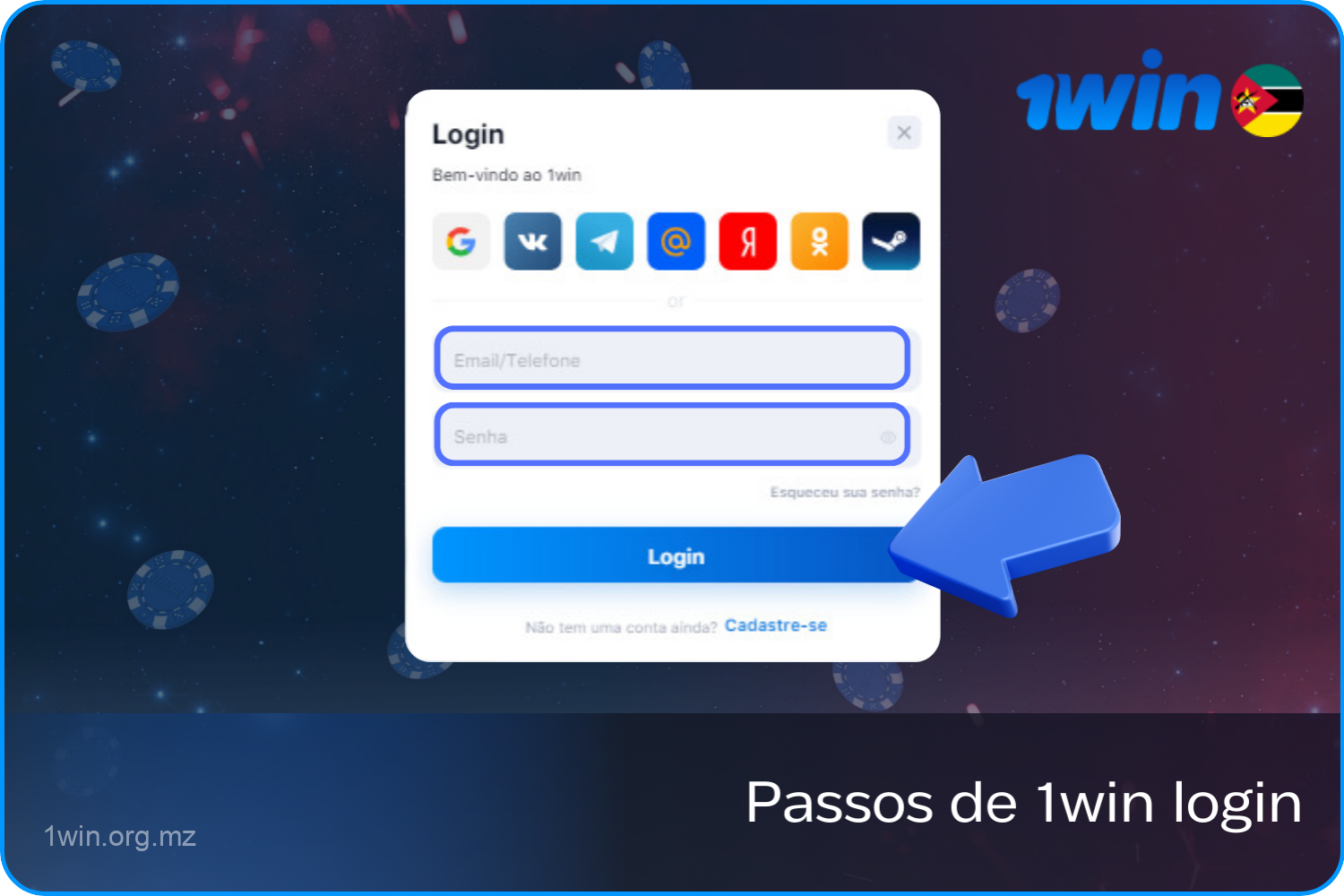 Para iniciar sessão no 1win através do website ou da aplicação, os utilizadores de Moçambique têm de seguir alguns passos simples