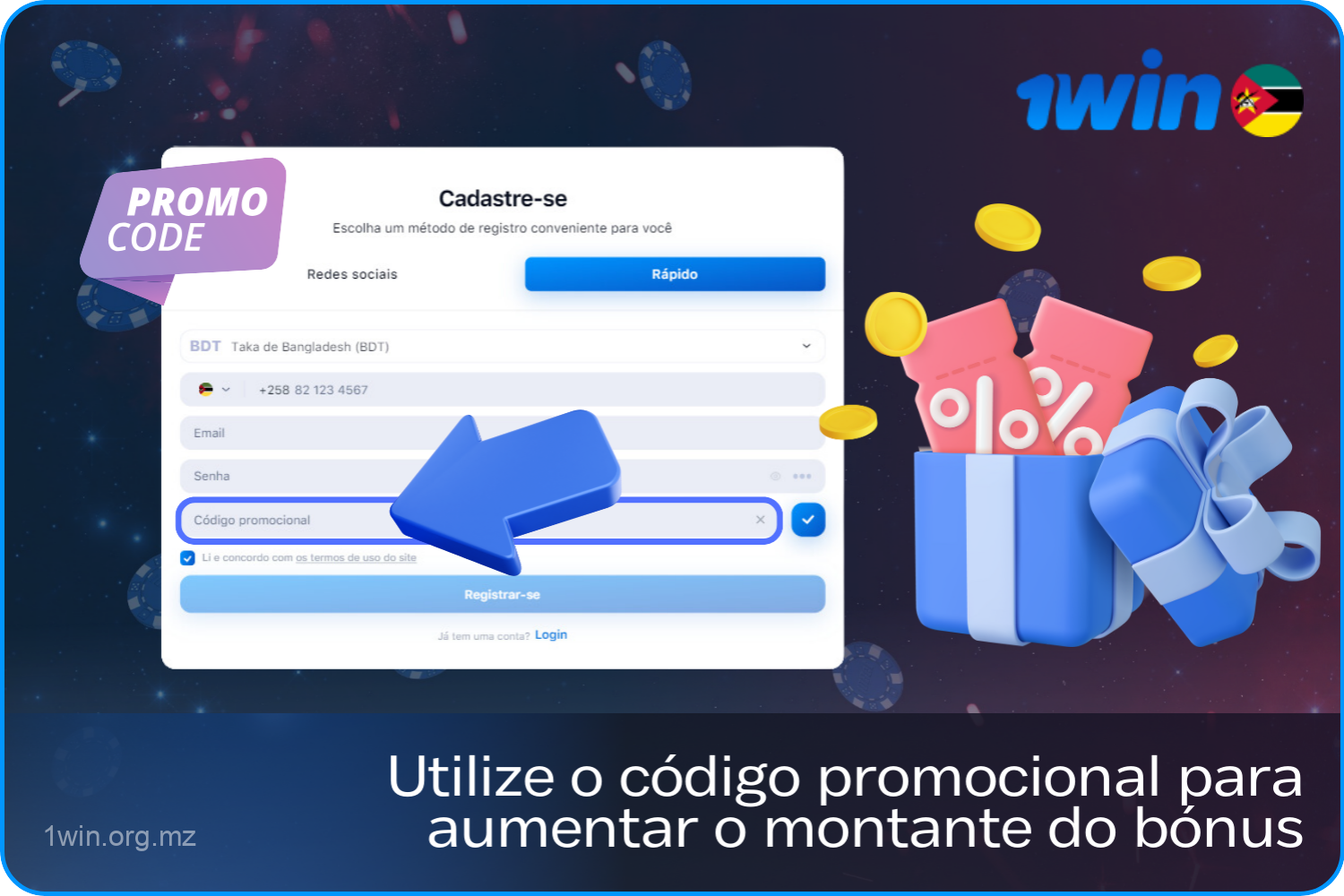 Como utilizar o código promocional 1win para aumentar o bónus de boas-vindas durante o registo para os utilizadores de Moçambique